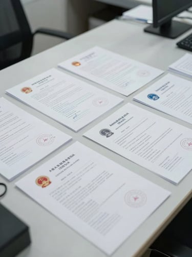 Wide shot of a regulatory documents desk at a transport licensing office, permits and stamped certificates arranged in neat rows under even fluorescent light, close-up of official seals and signatures visible, operational clarity framing