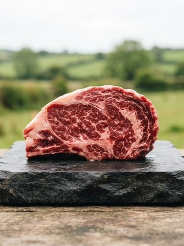 Crisp editorial close-up of raw fresh beef ribeye minimally styled on a dark slate block, bright natural overcast daylight, shallow depth of field