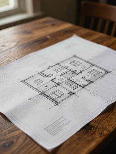 Close-up of a detailed architectural blueprint laid out on a dark oak table, warm interior lamplight, focus on precise drafting lines.