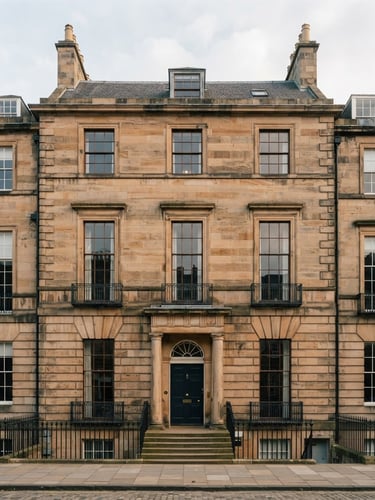 Architectural elevation of a Georgian sandstone townhouse in Edinburgh New Town, soft overcast daylight, warm stone textures, medium format film