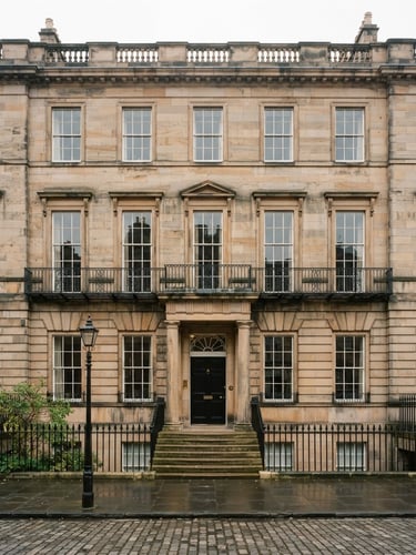 Classic Edinburgh sandstone townhouse facade in New Town, soft overcast Scottish daylight, medium format film, architectural elevation.