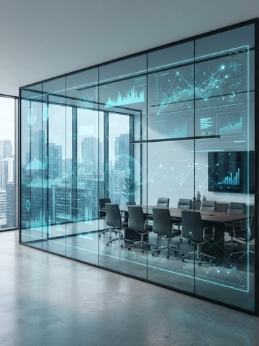 Wide-angle view of a minimalist corporate boardroom, a large architectural glass partition wall glowing with crisp cyan data visualizations, sharp focus on the glass edge, cool architectural daylight, 35mm.