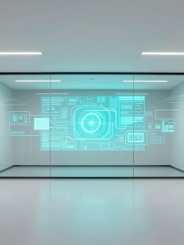 Wide-angle architectural interior shot of a minimalist corporate boardroom with a glowing smart glass partition screen displaying abstract cyan data visualizations, crisp daylight, sharp focus, 35mm