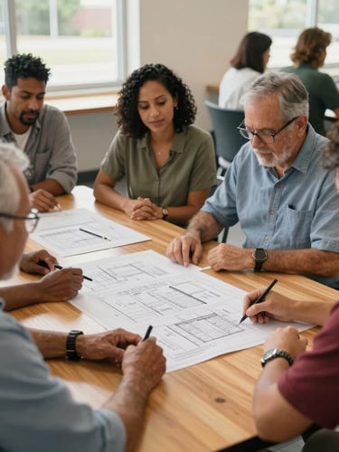 A warm, natural daylight shot of diverse community leaders collaborating around a wooden table in a well-lit Tampa community center, focused on physical program blueprints.