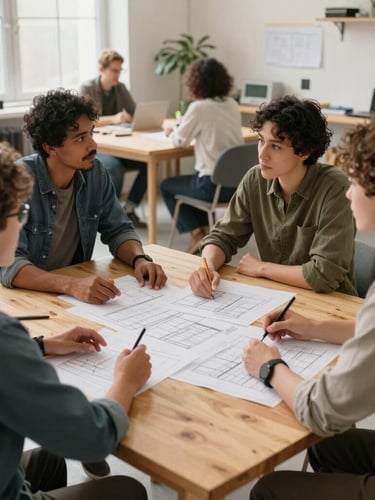 A warm, daylight-filled community workshop room where diverse professionals sit around a light wood table, gesturing over paper program blueprints.