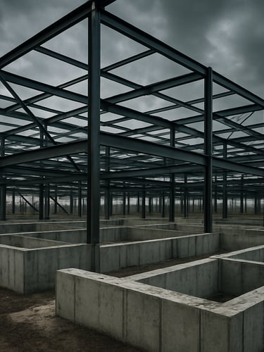 Wide architectural view of raw concrete foundations and structural steel beams at a commercial construction site, overcast dramatic sky, high-contrast side-lighting.