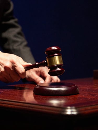 Close-up dramatic stage photography of hands holding a polished wooden gavel on a dark mahogany desk, dramatic chiaroscuro lighting, warm stage glow.