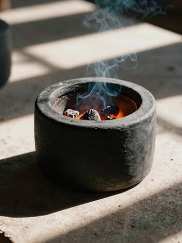 Close-up of a raw black clay light fixture casing cooling in a smoking pit fire, embers glowing, harsh direct sunlight, dramatic shadows, 35mm film.