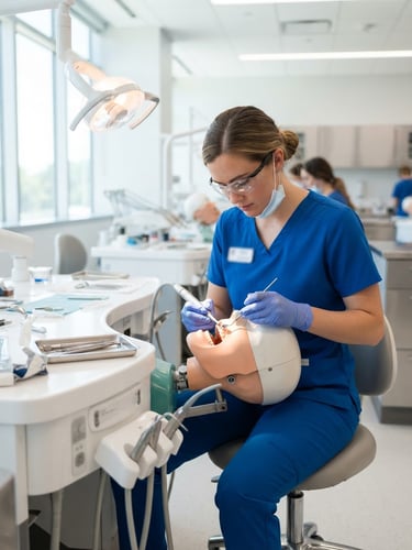 A medical student in clean scrubs working in a modern clinical simulation lab under bright natural daylight, 35mm lens.