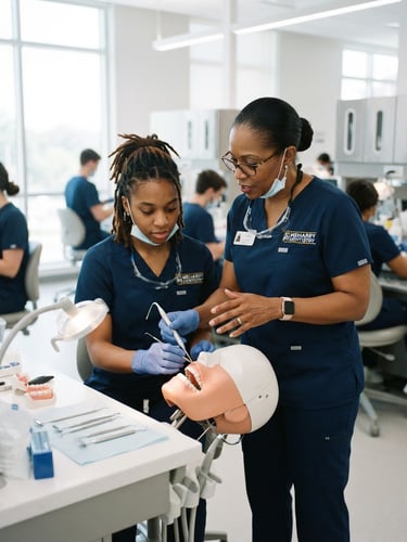 A professional portrait of a Meharry faculty dentist in clean navy scrubs mentoring a student in a bright, modern clinical simulation lab, natural daylight, 35mm lens.