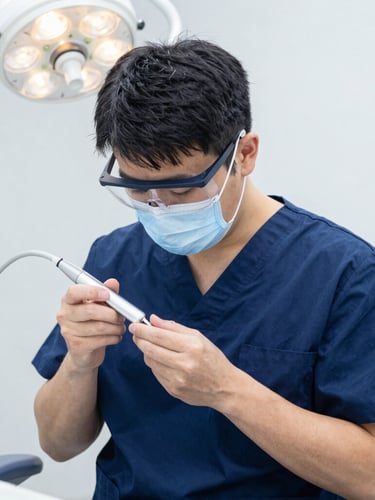 A dental resident in clean navy scrubs and protective eyewear adjusting a modern digital dental sensor, bright clinical lighting, professional dental school setting, 35mm lens