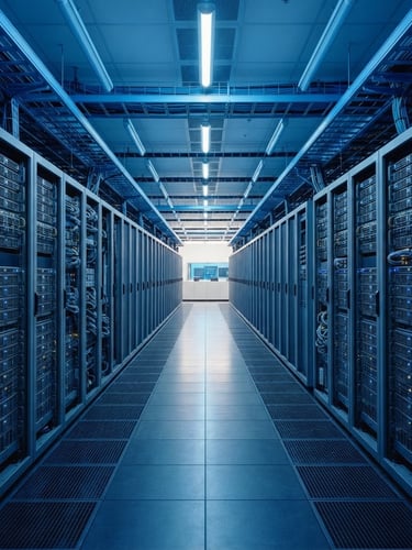 Symmetrical wide shot of a modern clean data center corridor with cool technical blue lighting, desaturated slate tones, sharp focus, 35mm