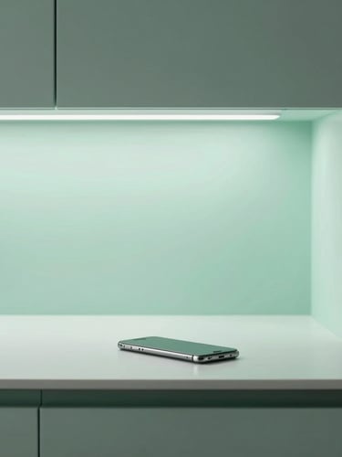 Sleek minimalist kitchen counter in morning light, a single smartphone lying flat, soft mint-green ambient glow, architectural 35mm composition