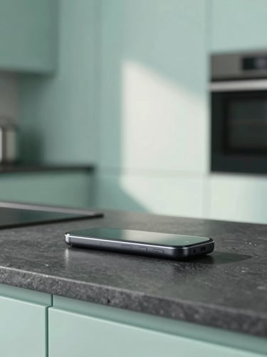 Sleek personal smart device resting on a dark slate kitchen countertop, soft morning light, minimalist architecture, desaturated mint tones, 35mm composition.
