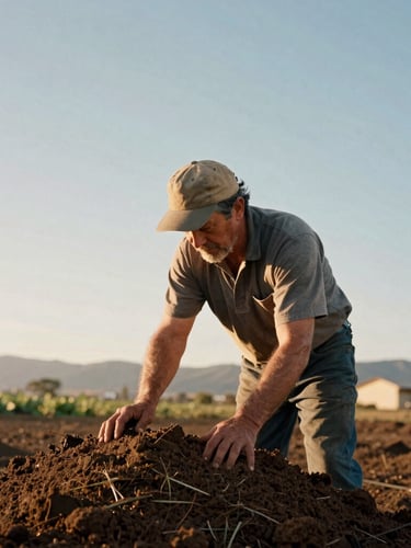 Low-angle environmental portrait of a farmer in Ventura County inspecting rich dark compost under warm golden-hour California sunlight, 35mm film style.