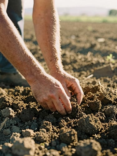 Sun-drenched close-up of a farmer's hands gently turning over dark, crumbly organic soil in a Ventura County field, warm golden-hour light highlighting the rich texture, 35mm film style.
