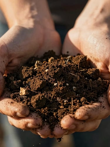 Macro shot of hands holding rich, crumbly dark soil filled with organic compost, warm sun-drenched lighting, shallow depth of field, 35mm film.