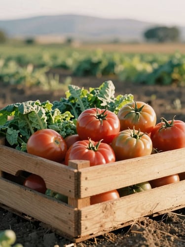 Low-angle photo of a wooden crate overflowing with heirloom tomatoes and leafy greens, sitting in sun-drenched Ventura valley soil, warm golden-hour California sunlight, 35mm film style.