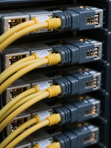 Macro shot of perfectly bundled and labeled network cables in a server rack, crisp high-contrast interior lighting, deep charcoal and amber tones, high detail, 35mm