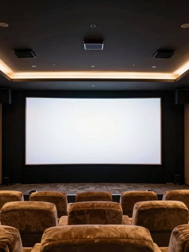 Straight-on architectural shot of a luxurious home theater with a large screen, concealed speakers, and plush seating, clean interior lighting, deep charcoal and amber tones, high detail, 35mm
