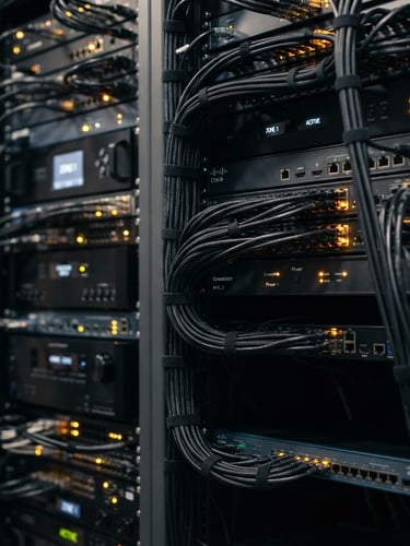 Macro shot of a perfectly dressed AV rack, custom low-voltage wiring bundled with precision, glowing amber indicator lights, sharp architectural photography, clean interior lighting, deep charcoal and amber tones, high detail, 35mm.