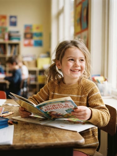 Candid portrait of a young child smiling at their desk in a sunlit classroom, holding a newly opened book, warm natural daylight, shallow depth of field, authentic moment.