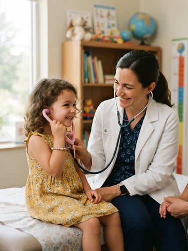 A gentle pediatric checkup in soft, natural daylight, a female doctor smiling warmly at a young child holding a toy stethoscope, authentic candid moment, rich organic tones
