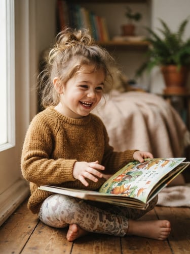 A warm editorial portrait of a young child smiling while looking at a picture book, soft natural daylight, shallow depth of field.