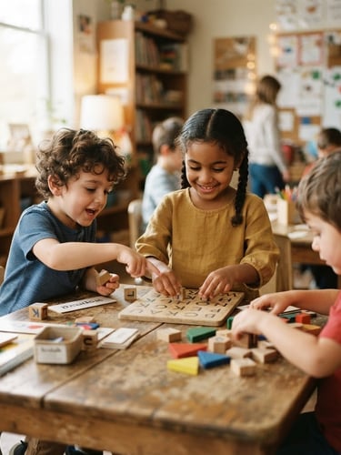 Warm editorial photography of children engaged in active learning around a wooden table, soft natural daylight filtering through a window, authentic candid moments, shallow depth of field.