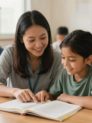 A warm, daylight-filled classroom scene where a local volunteer tutor is sitting beside a young student, pointing to a page in a book, both smiling with genuine curiosity.