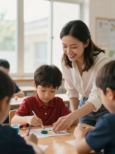 A warm, candid photograph of a smiling schoolteacher and a young child collaborating over a science project in a bright classroom, natural window light.