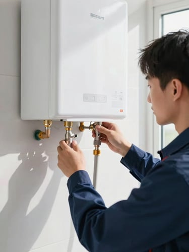 Close-up of a professional technician in a clean uniform installing a modern tankless water heater, bright natural daylight, sharp focus, 35mm