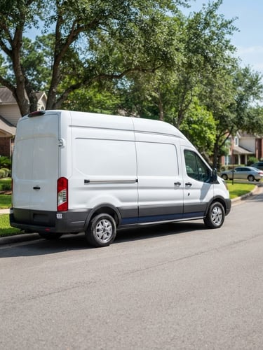 A clean, professional plumbing dispatch truck parked on a sunlit suburban street, bright natural daylight, sharp focus, 35mm