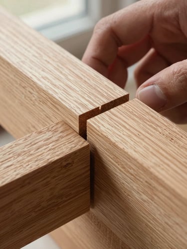 Extreme close-up of a hand-cut mortise-and-tenon joint being test-fitted into solid oak, photographed tight from above under diffuse north-facing window light; the grain of both pieces runs perpendicular, joint gap razor-thin, wood surface unfinished