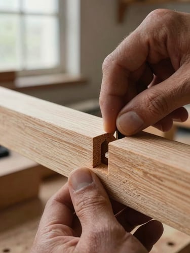 Extreme close-up of a mortise-and-tenon joint being hand-fitted, a craftsman's fingers pressing the tenon into the mortise socket, natural diffuse daylight from a high workshop window, the grain of two distinct wood pieces visible and matching across the joint line, no flash, no props