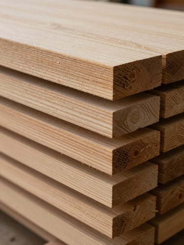 Close-up of stacked solid wood boards in a workshop, natural overcast light from above showing grain patterns and end-grain texture, no tools visible, tight crop emphasising material variety