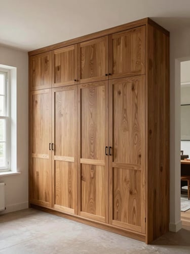 Wide environmental shot from inside a living room, a full-height built-in oak cabinet wall integrated flush with the plaster architecture, natural north-facing daylight from a window to the left casting soft even light across the wood grain, the room visible in the background showing scale, no props or styling
