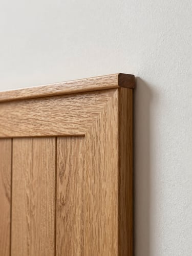 Close-up portrait of a solid oak panel edge meeting a plastered wall, the wood fitted flush with the architecture, natural north-facing daylight from above, the grain of the oak and the texture of the plaster both visible in even light, no flash or props