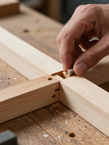 Tight crop of a hand-cut mortise-and-tenon joint being fitted together on a workbench, north-facing daylight, saw dust visible on the bench surface, no people beyond the hands