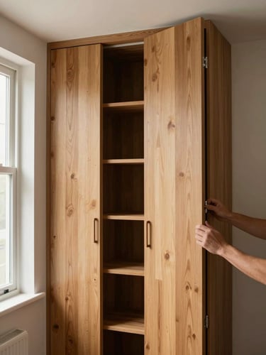 Wide environmental shot of a solid wood built-in cabinet being fitted into a residential alcove, natural room light from a side window, hands visible adjusting a door hinge, no staging or props