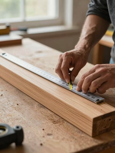 Close-up of a carpenter's hands measuring a wooden door frame with a steel rule on a workshop bench, natural diffused daylight from a north-facing window, grain of solid oak visible across the surface