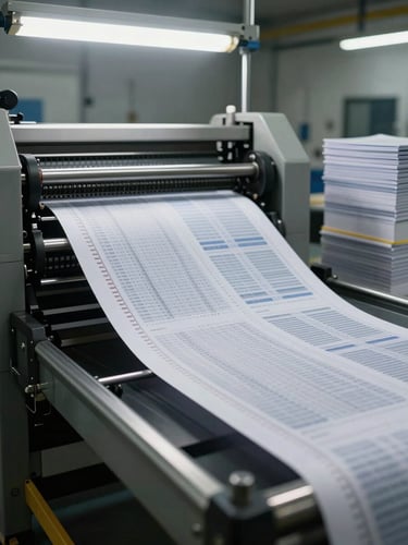 Medium shot of printed packaging sheets feeding through an industrial press on a factory floor, sharp overhead fluorescent lighting, registration marks visible on the sheet edge, stacked finished printed cartons in the right background, no people