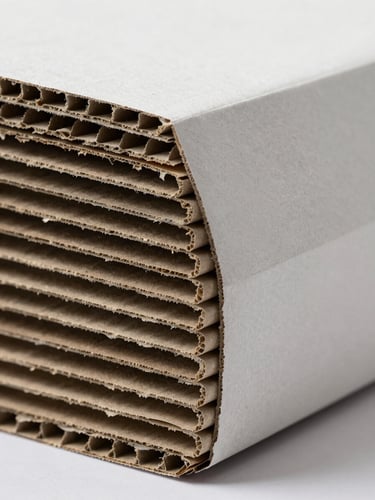 Extreme close-up of corrugated cardboard fluting cross-section and smooth outer liner under bright studio strobes, sharp material texture detail, neutral gray-white background, no people