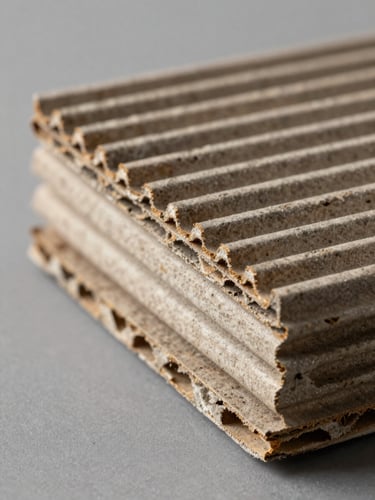 Extreme close-up of corrugated board cross-section edge under bright studio strobe, flute pattern sharp and precise, neutral gray background, material texture dominant, no hands or people