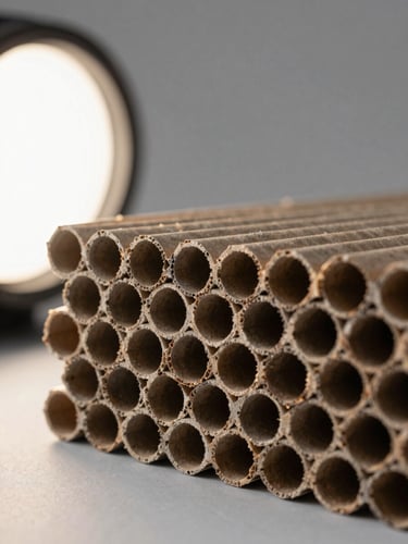 Extreme close-up of corrugated cardboard flute profile, camera angled low across the edge, bright studio strobe lighting from the left revealing the repeating arch geometry, sharp focus on the ridges, neutral gray background