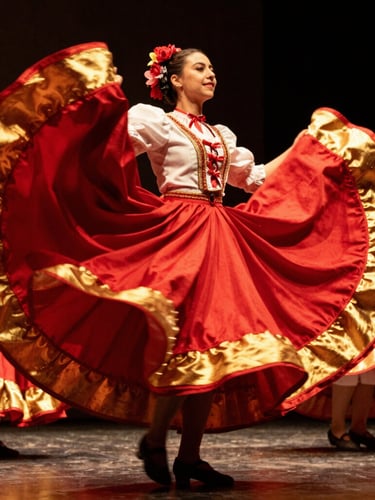 Low-angle action shot of folkloric dancers in mid-motion, vibrant crimson and gold skirts swirling, dramatic stage lighting highlighting the fabric texture, 35mm film grain