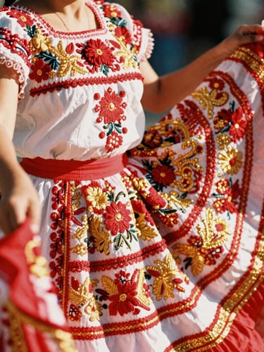 Close-up of vibrant, intricately embroidered traditional Mexican folkloric dress textiles, warm natural sunlight highlighting the rich red and gold threads.