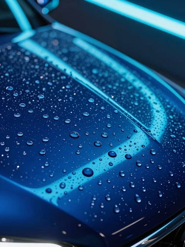 Macro close-up of water droplets beading perfectly on a highly polished dark blue car hood, reflecting bright cyan overhead neon lights, sharp focus