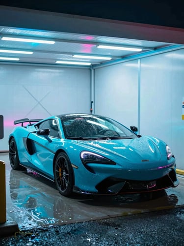 A gleaming sports car parked in a clean, brightly illuminated modern car wash bay at night, vibrant cyan and pink neon lights reflecting off the wet metallic paint, sharp focus