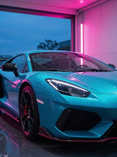 Low-angle dynamic shot of a sports car exiting an illuminated wash bay at dusk, vibrant cyan and hot pink neon reflections on wet metallic paint, water beading sharply on the hood, 35mm lens